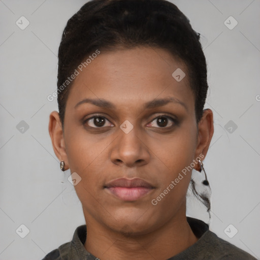 Neutral black young-adult female with short  brown hair and brown eyes