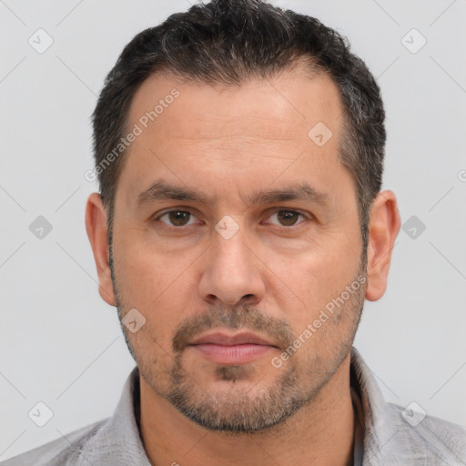 Neutral white adult male with short  brown hair and brown eyes