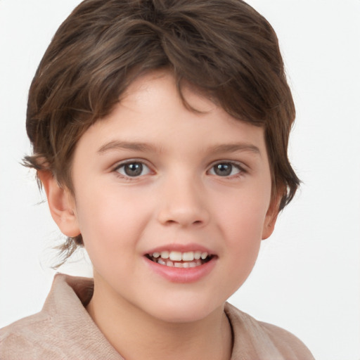 Joyful white child female with short  brown hair and brown eyes