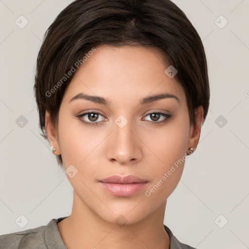 Neutral white young-adult female with short  brown hair and brown eyes