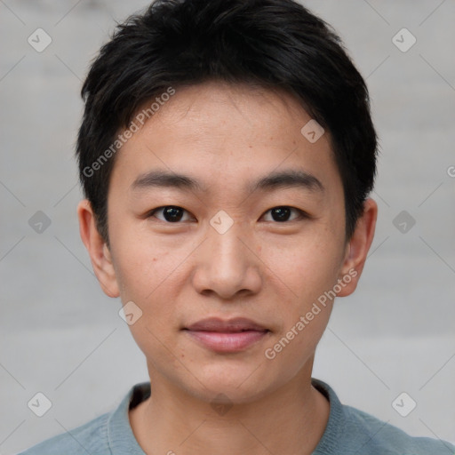 Neutral asian young-adult male with short  black hair and brown eyes