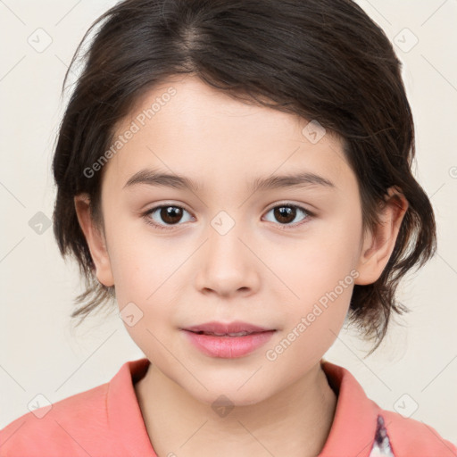 Joyful white child female with medium  brown hair and brown eyes