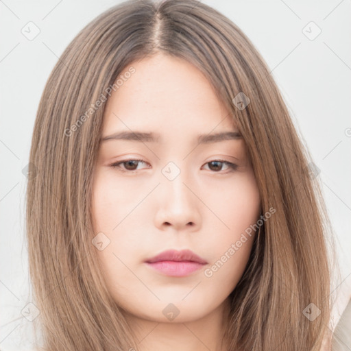 Neutral white young-adult female with long  brown hair and brown eyes