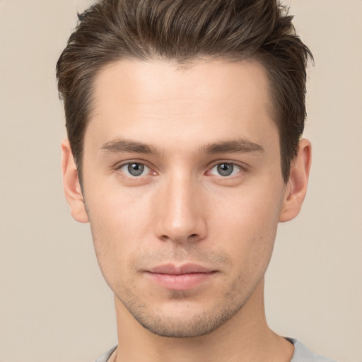 Neutral white young-adult male with short  brown hair and brown eyes