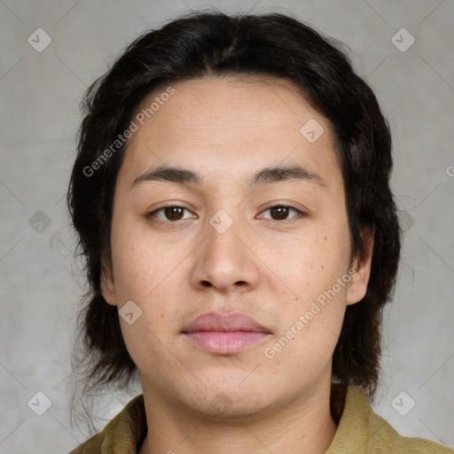 Neutral white young-adult female with medium  brown hair and brown eyes