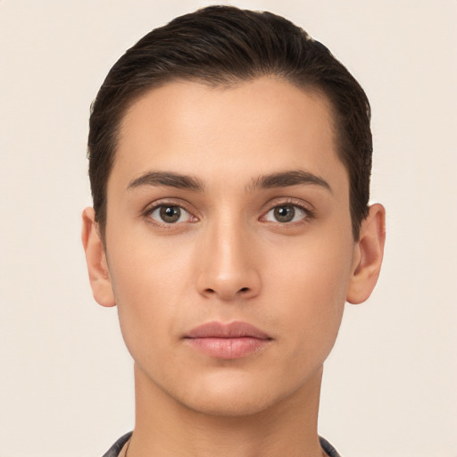 Neutral white young-adult male with short  brown hair and brown eyes