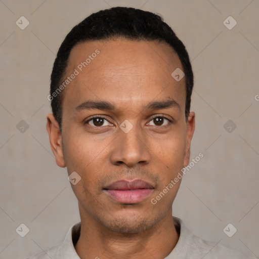 Neutral latino young-adult male with short  black hair and brown eyes