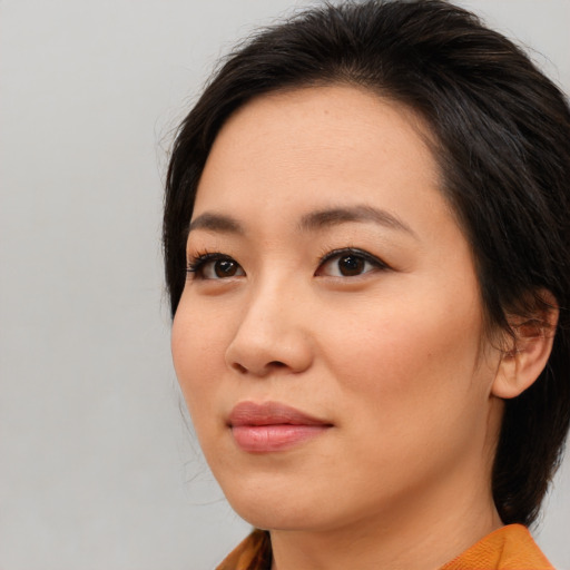 Neutral asian young-adult female with medium  brown hair and brown eyes