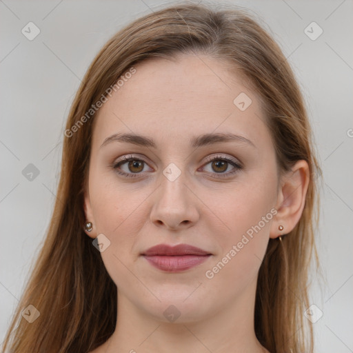 Joyful white young-adult female with long  brown hair and grey eyes