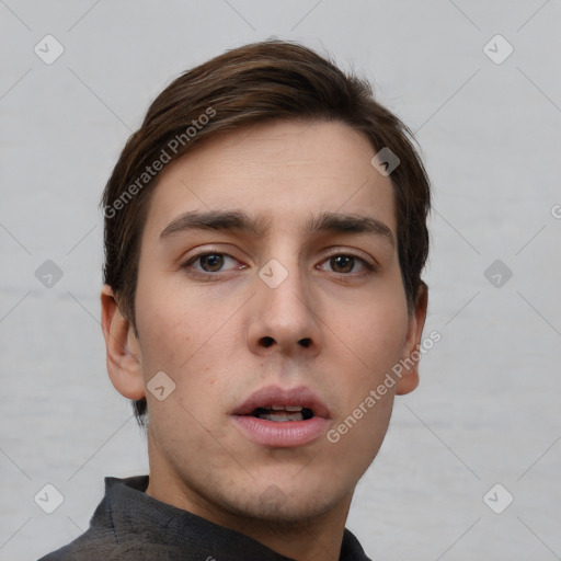 Neutral white young-adult male with short  brown hair and brown eyes