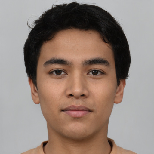 Neutral asian young-adult male with short  brown hair and brown eyes