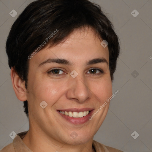 Joyful white young-adult female with short  brown hair and brown eyes