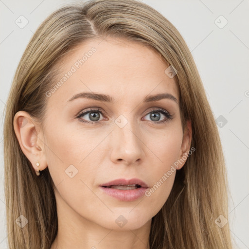 Neutral white young-adult female with long  brown hair and grey eyes