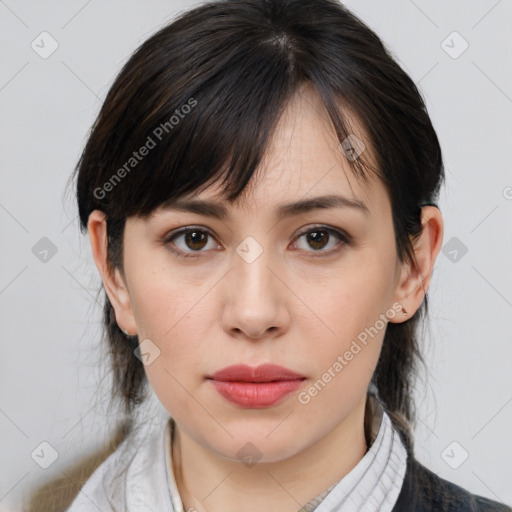 Neutral white young-adult female with medium  brown hair and brown eyes