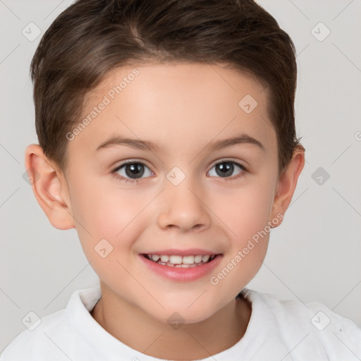 Joyful white child female with short  brown hair and brown eyes