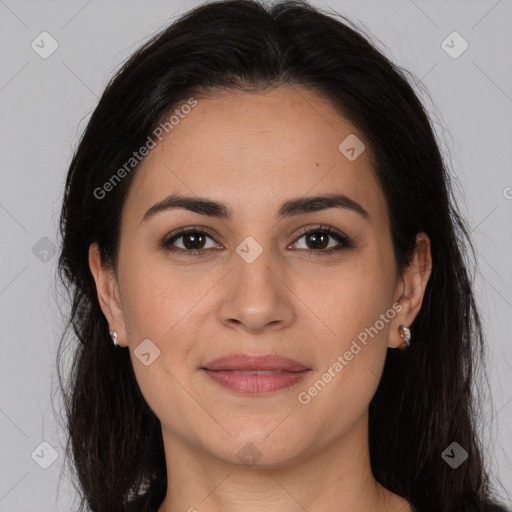 Joyful white young-adult female with long  brown hair and brown eyes