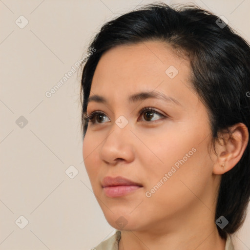 Neutral white young-adult female with medium  brown hair and brown eyes