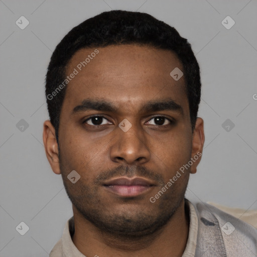 Neutral latino young-adult male with short  black hair and brown eyes