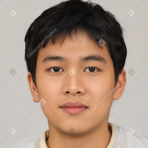 Neutral asian young-adult male with short  brown hair and brown eyes