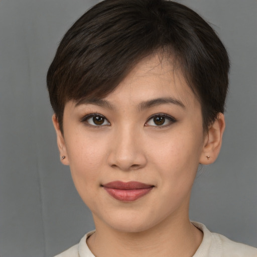 Joyful asian young-adult female with short  brown hair and brown eyes