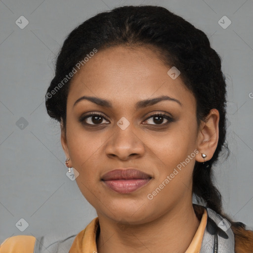 Joyful latino young-adult female with medium  black hair and brown eyes