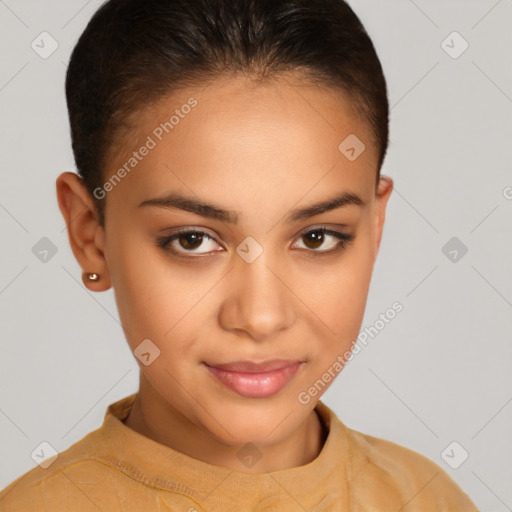 Joyful latino young-adult female with short  brown hair and brown eyes