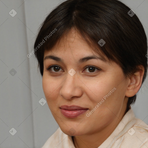 Joyful white adult female with medium  brown hair and brown eyes