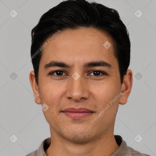 Joyful white young-adult male with short  black hair and brown eyes