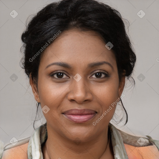 Joyful black young-adult female with medium  brown hair and brown eyes