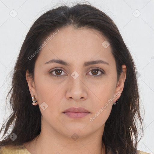 Neutral asian young-adult female with long  brown hair and brown eyes