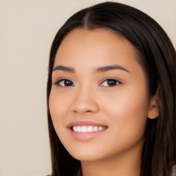 Joyful white young-adult female with long  black hair and brown eyes