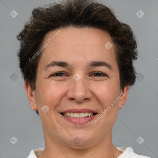 Joyful white adult female with short  brown hair and brown eyes