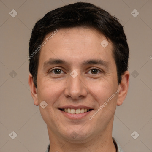 Joyful white young-adult male with short  brown hair and brown eyes