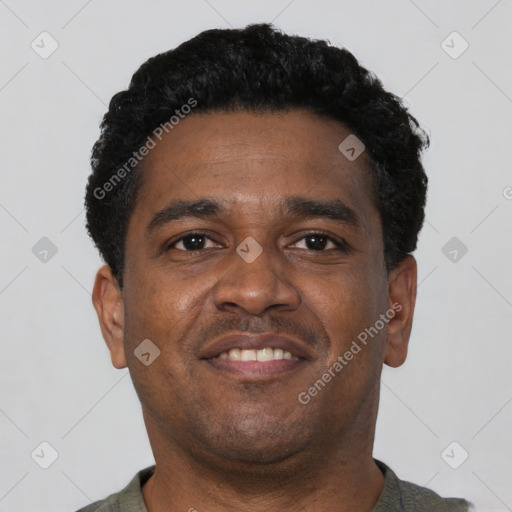 Neutral latino adult male with short  black hair and brown eyes