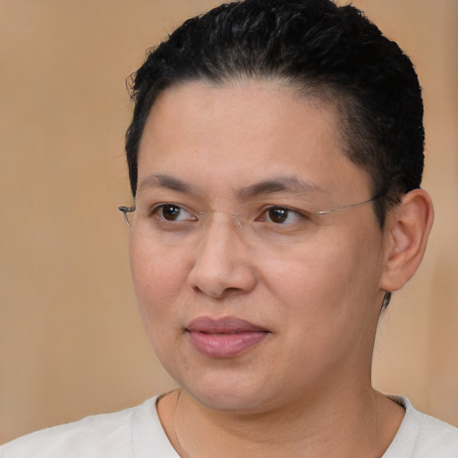 Joyful white adult female with short  brown hair and brown eyes