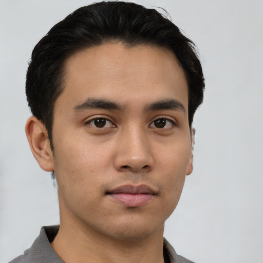 Neutral asian young-adult male with short  black hair and brown eyes