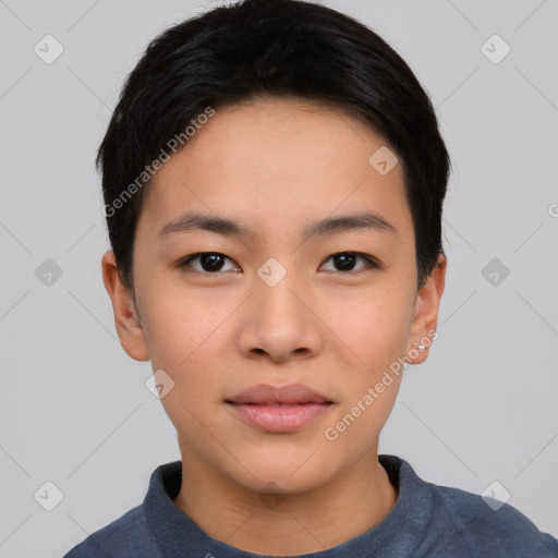 Neutral asian young-adult female with short  black hair and brown eyes