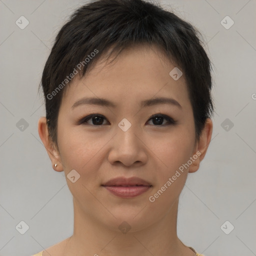 Joyful asian young-adult female with short  brown hair and brown eyes