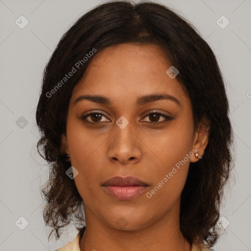 Neutral asian young-adult female with medium  brown hair and brown eyes