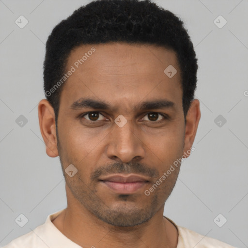 Neutral latino young-adult male with short  black hair and brown eyes
