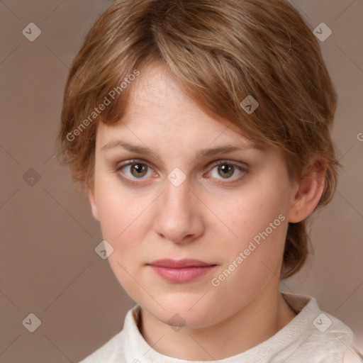 Neutral white young-adult female with medium  brown hair and brown eyes