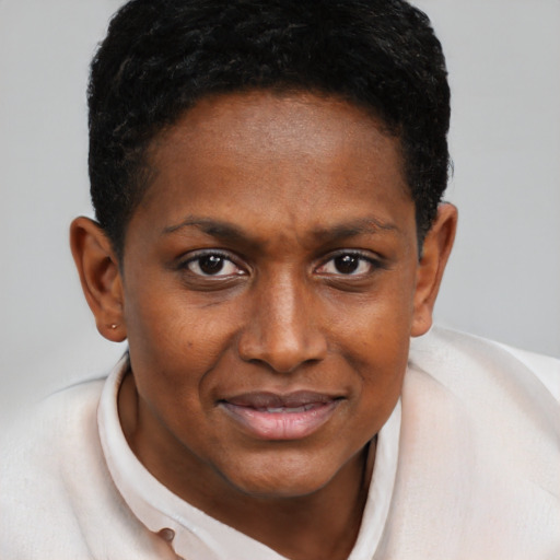 Joyful black young-adult female with short  brown hair and brown eyes
