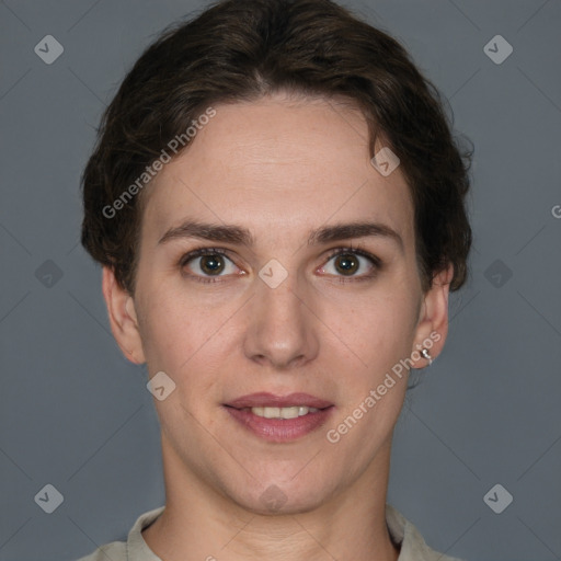 Joyful white young-adult female with short  brown hair and brown eyes