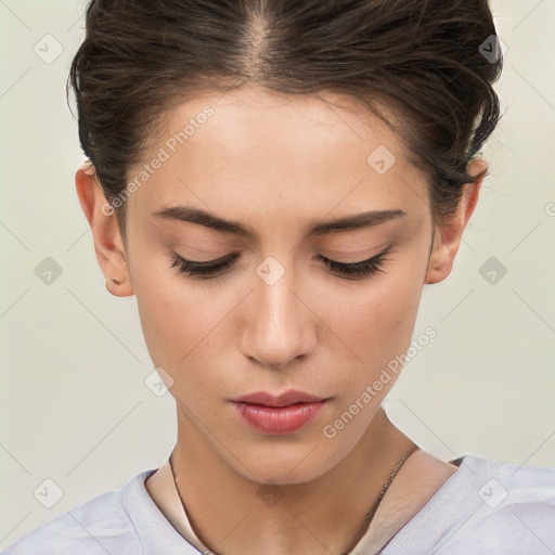 Neutral white young-adult female with short  brown hair and brown eyes