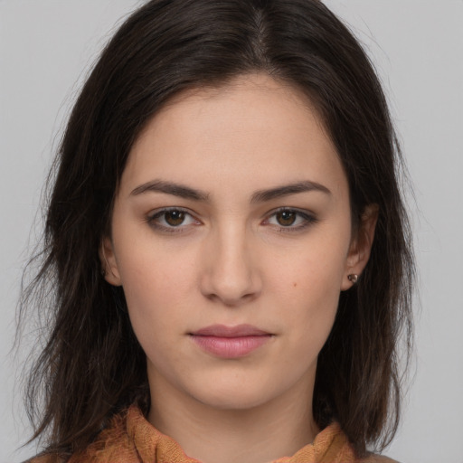 Neutral white young-adult female with medium  brown hair and brown eyes