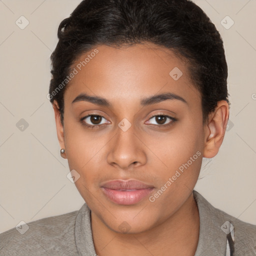 Neutral latino young-adult female with short  brown hair and brown eyes