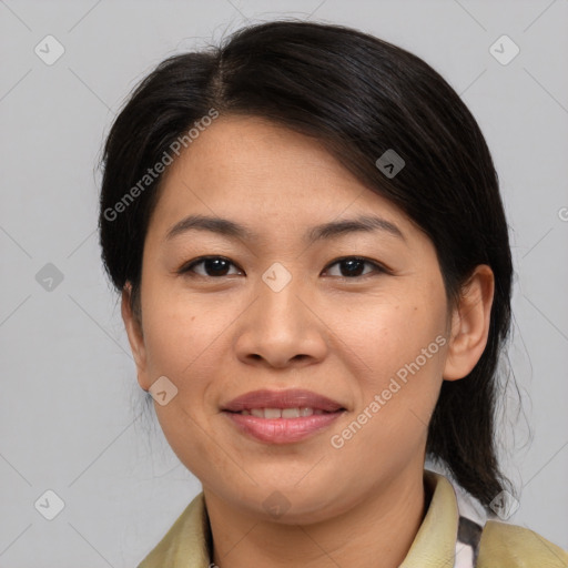 Joyful asian young-adult female with medium  brown hair and brown eyes