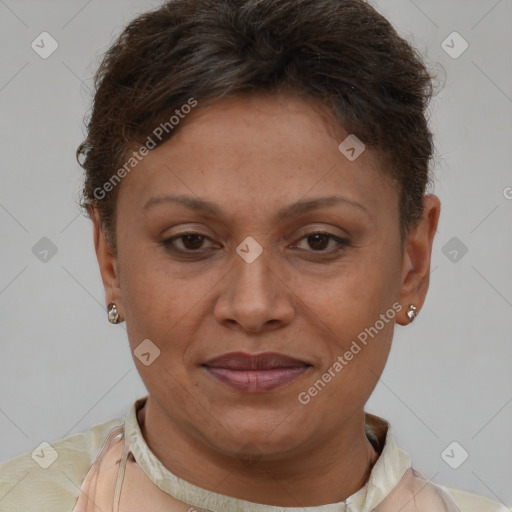 Joyful white adult female with short  brown hair and brown eyes