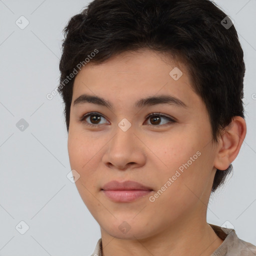 Joyful white young-adult female with short  brown hair and brown eyes