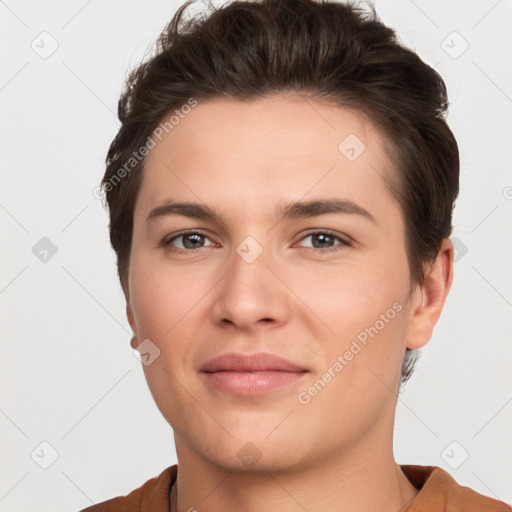 Joyful white young-adult female with short  brown hair and brown eyes